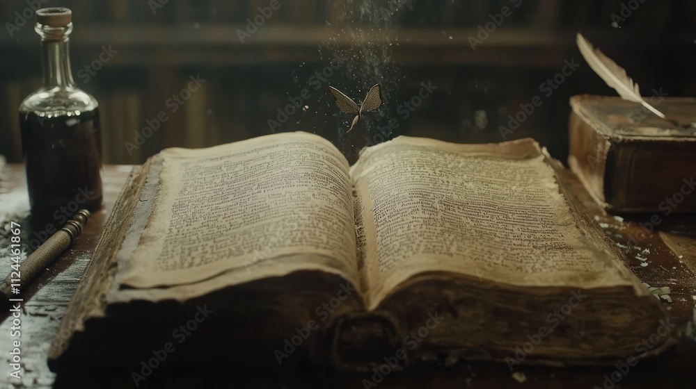 Poster an open ancient book with a floating fairy above it