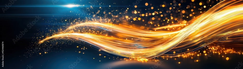 Poster abstract light waves with shimmering particles on dark background for visual impact