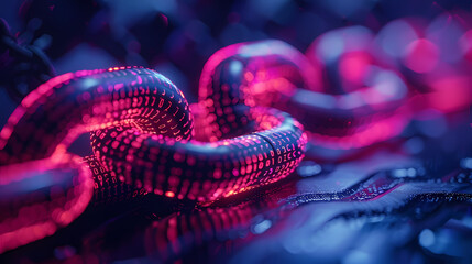 Digital Chain: A close-up of a glowing digital chain, with red and blue hues, suggesting connection, security, and the intricate workings of technology.