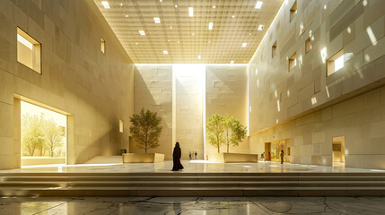 A rendering of a large building with a tree in the middle of it