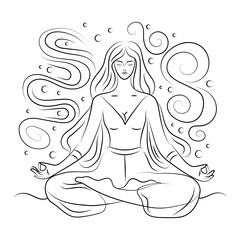 A girl does yoga in the lotus position linear drawing on a white background
