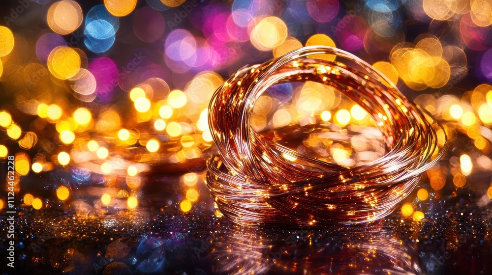 Poster twinkling warm led lights on a glimmering surface with bokeh effect