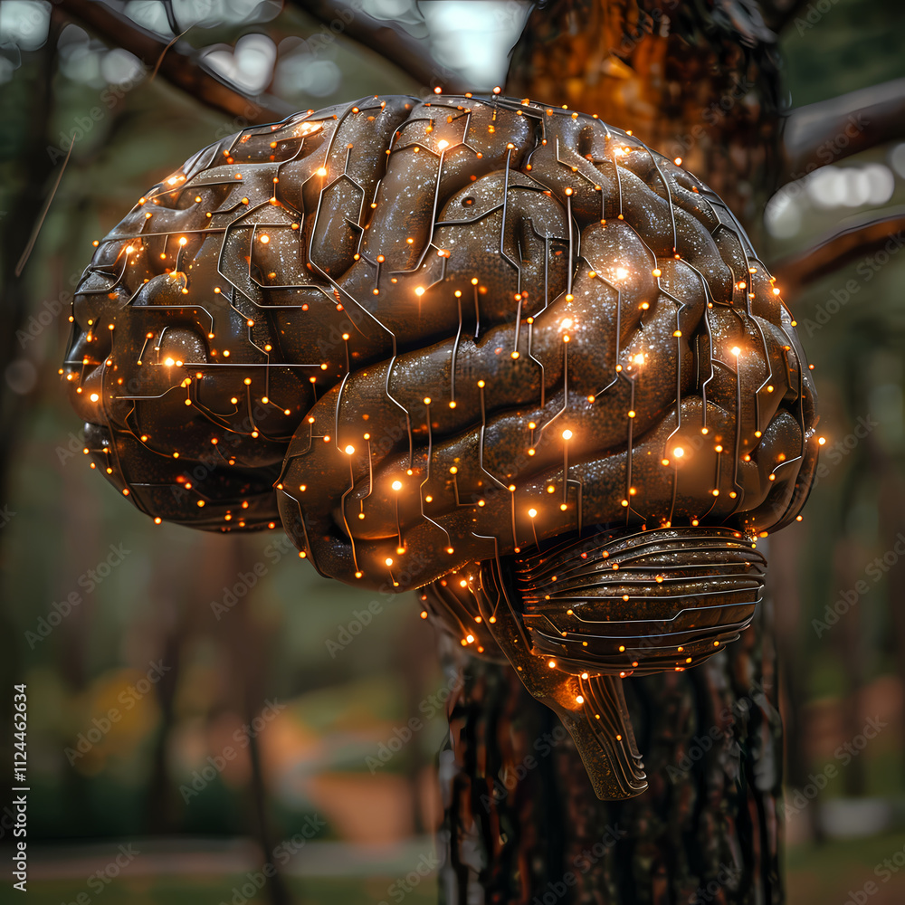 Aufkleber the illuminated mind: a mesmerizing 3d rendering of a brain illuminated with warm, glowing lights, n
