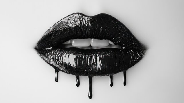 Glossy black lips with dripping effect on a white background 
