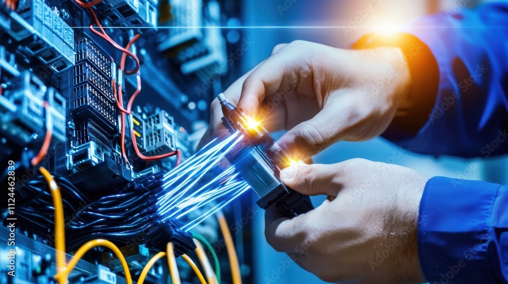 Poster hands working on electrical wiring in a server room setup