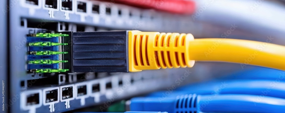 Poster close-up of ethernet cable connected to networking switch port