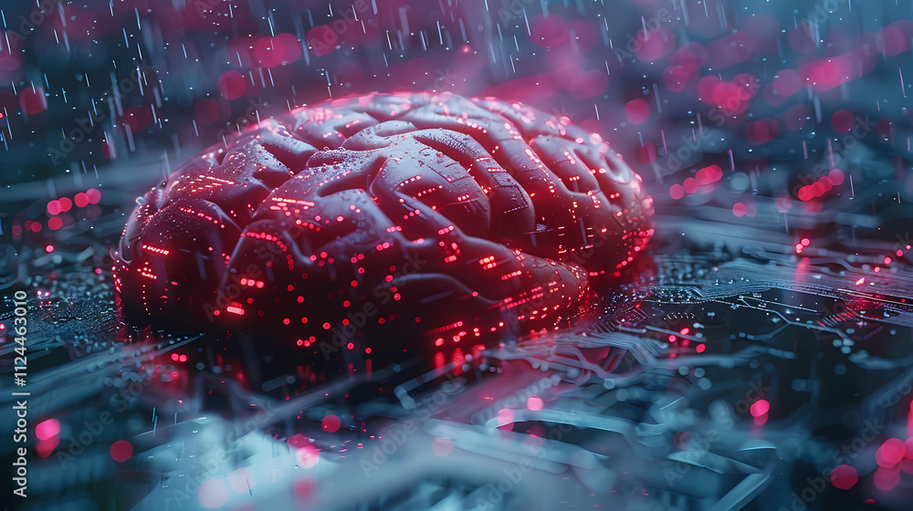 Aufkleber digital mind: a glowing red brain, pulsating with digital energy, lies amidst a futuristic landscape