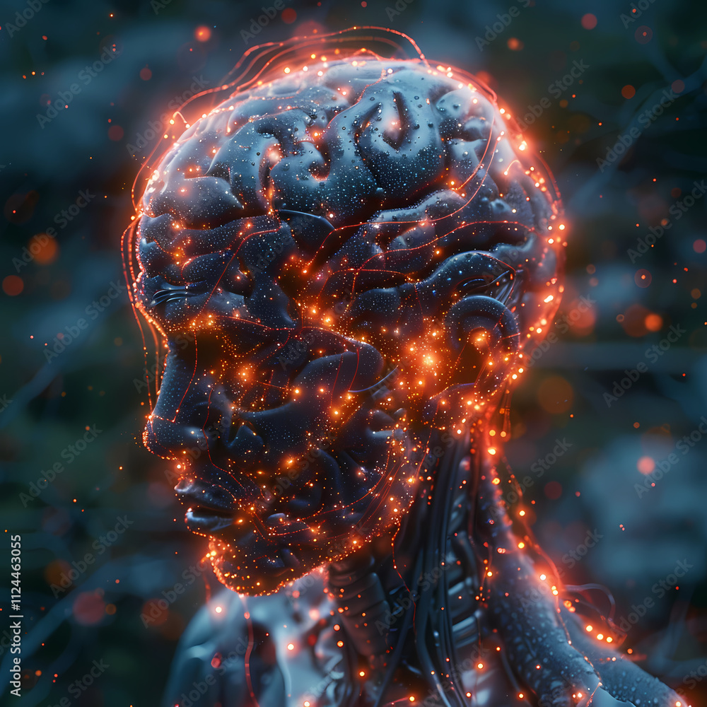 Poster the spark of intelligence: a mesmerizing abstract image depicting a human brain, rendered in a futur