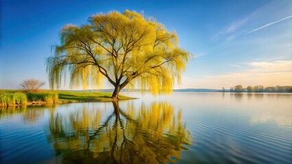 Serene image of a lone willow tree standing tall by a peaceful lake , nature, tranquil, landscape, willow, tree, serene, calm