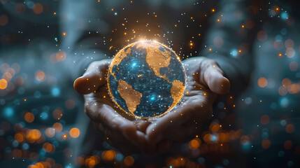 Global Responsibility: Hands gently cradling a luminous, interconnected Earth, symbolizing environmental consciousness, global unity, and sustainable practices.  