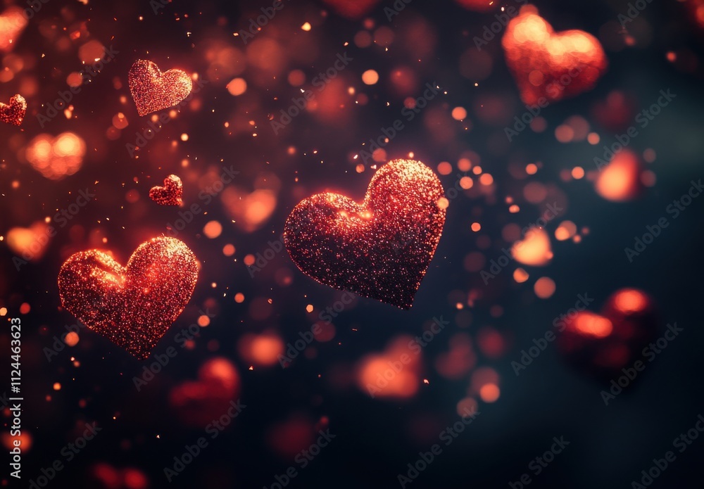 Poster sparkling floating hearts with glowing bokeh effect in a romantic background perfect for valentine’s