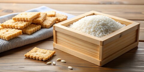 Japanese traditional wooden masu box filled with white rice and rice crackers, masu box, white rice, rice crackers, traditional