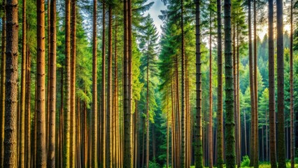 Coniferous trees towering in a dense forest, pine trees, evergreen, woodland, nature, greenery, forest, branches, outdoor