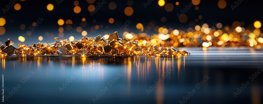 Poster gleaming gold bars on a reflective surface with soft bokeh lights