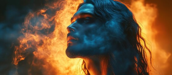 Dramatic Portrait of Jesus with Long Hair in Warm Light Surrounded by Ethereal Smoke