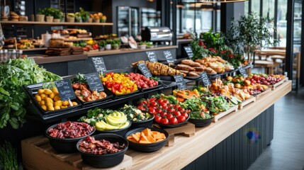 Obraz premium Fresh and Colorful Buffet Display of Assorted Fruits, Vegetables, and Baked Goods in a Modern Café Environment