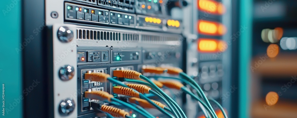 Poster close-up of modern server rack with colorful ethernet cables