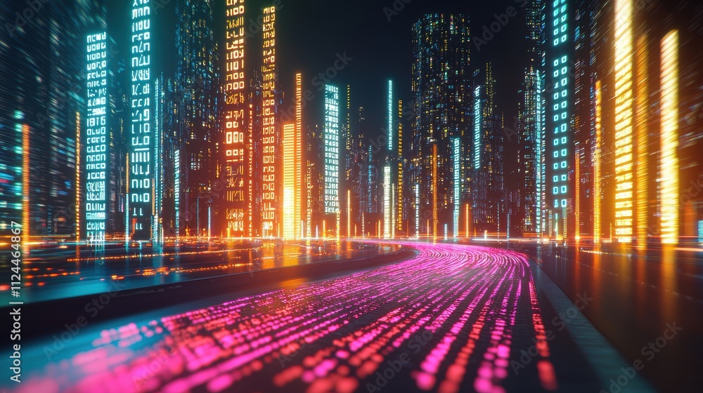 Poster vibrant digital cityscape with neon lights and binary numbers
