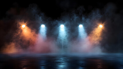 Fototapeta premium Detailed AI stage lighting with colored spotlights and smoke. Concert and theatre scene in the dark.