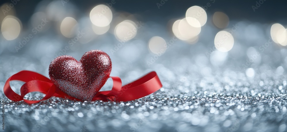 Poster sparkling red heart with ribbon on a shimmering silver surface creating a romantic atmosphere for va