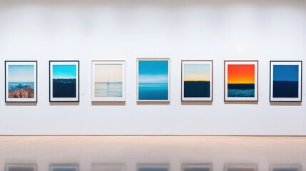 Art gallery displaying landscape photography in frames 