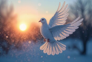 Fototapeta premium Frosty dove illustration in flight framed by icy patterns against a colorful sunset background 