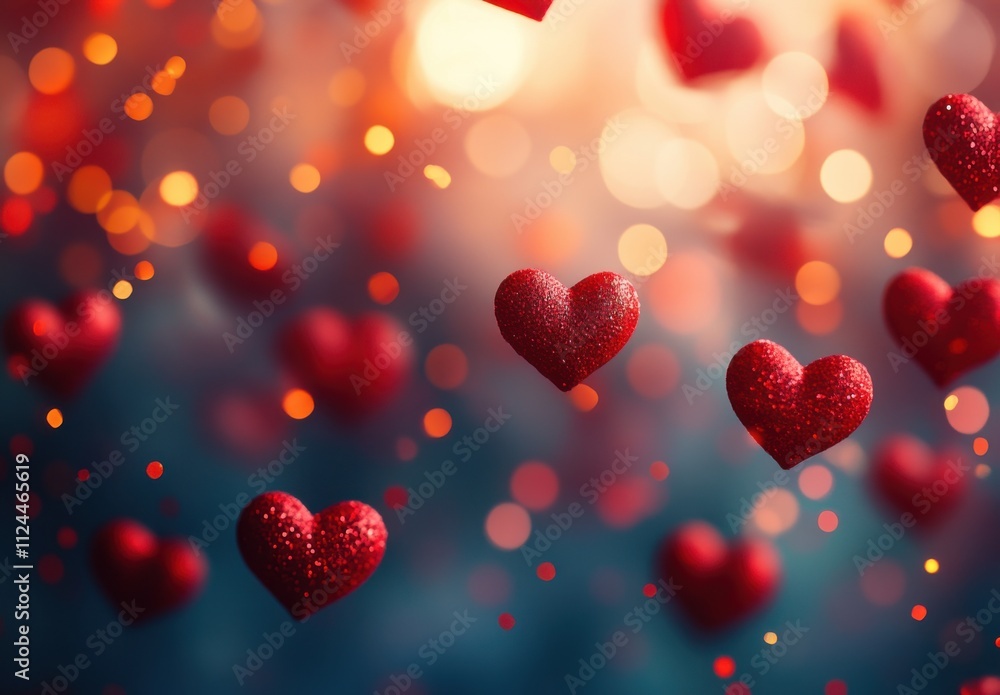 Poster sparkling red hearts floating against a dreamy bokeh background creating a romantic atmosphere perfe