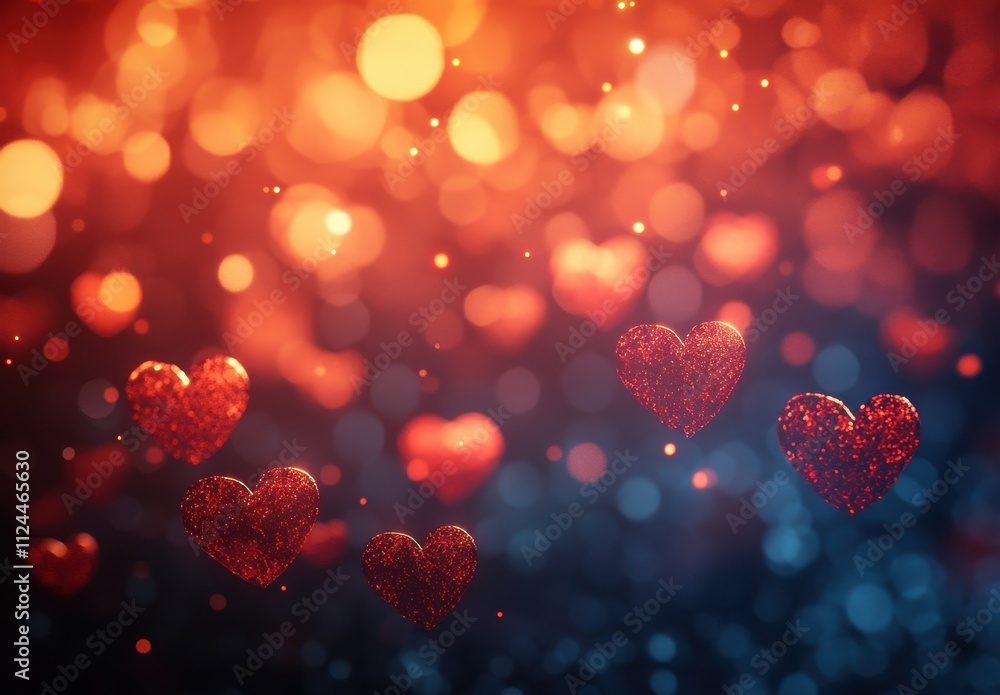 Poster sparkling red hearts floating in a dreamy bokeh background of warm tones and shimmering lights, perf