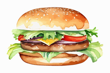 Hand drawn watercolor painting of a hamburger sandwich with cheese, lettuce, beef, onion. Burger, fast food with meat cutlet, vegetables filling between buns. Vector illustration isolated on white