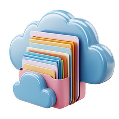 3D Cartoon-Style Icon of Cloud with Folders and Documents on Isolated White Background