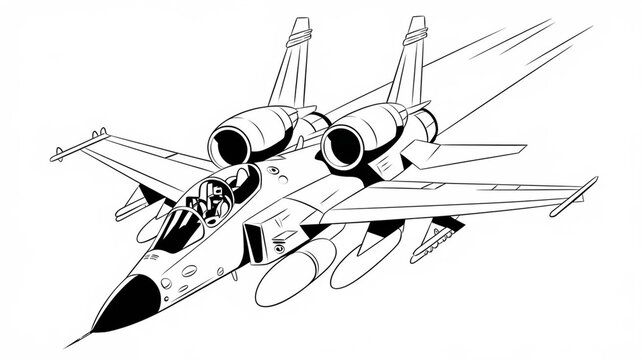 Adult military aircraft coloring page for book and drawing. Airplane. War-plane. Vector illustration. Vehicle. Graphic element. Plane. Black contour sketch illustrate Isolated on white background.