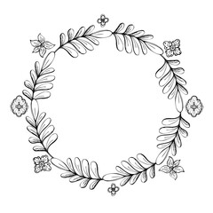 Floral lace embroidery exotic orchid rose traditional flowers and leaves. Hand drawn ink vector illustration, folk ethnic stylized. Wreath frame isolated on white. Design travel, vacation brochure