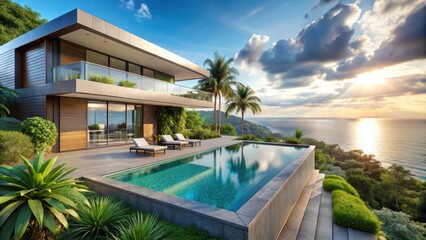 Fototapeta premium Modern luxury summer villa with infinity pool surrounded by lush greenery and stunning ocean views, luxury, summer, villa