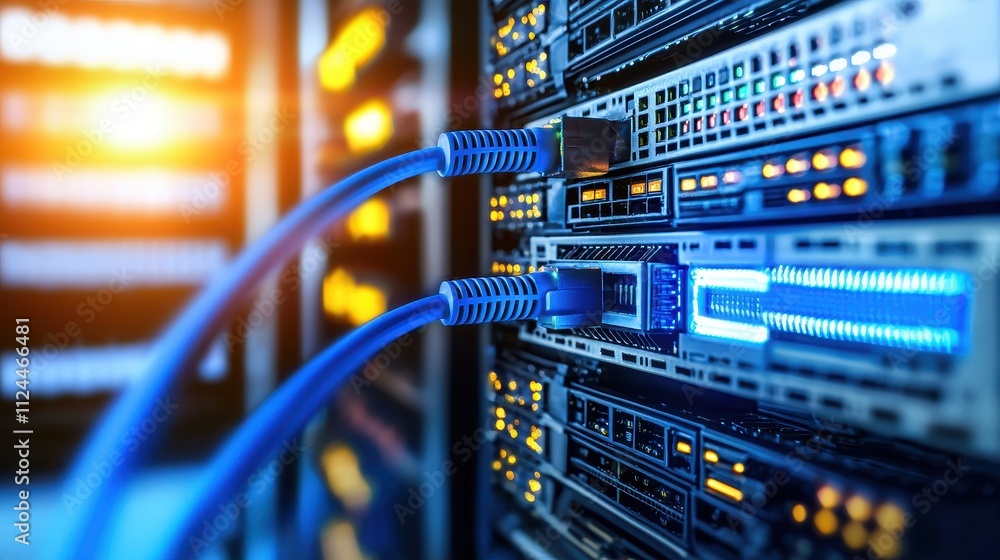 Poster close-up view of ethernet cables connected to server rack in data center