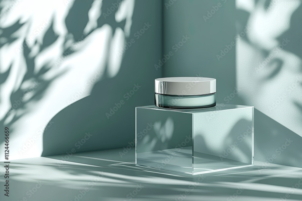 Poster body cream blank white cosmetic mock up on transparent solid blocks with shadows and reflection. jar