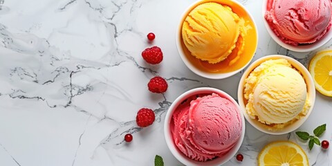 cool Ice cream fruit ice yellow orange and red colors and slices of lemon top view on a white marble