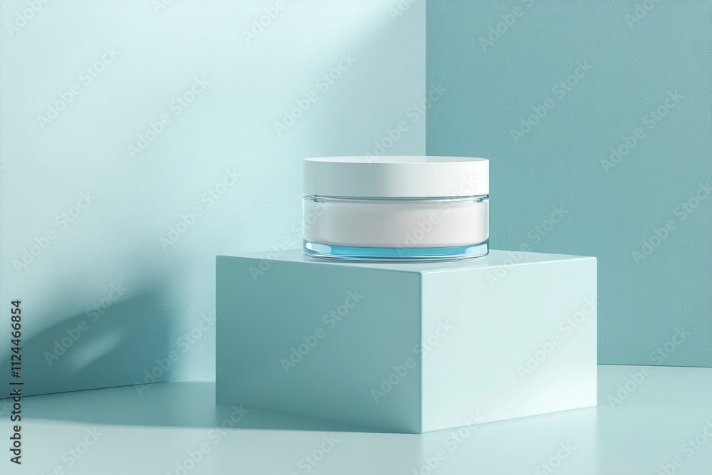 Poster body cream blank white cosmetic mock up on transparent solid blocks with shadows and reflection. jar