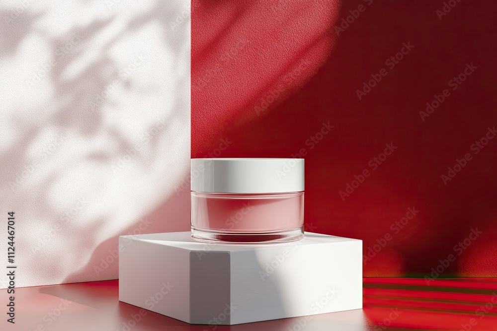 Poster body cream blank white cosmetic mock up on transparent solid blocks with shadows and reflection. jar