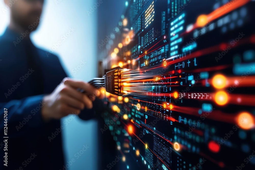 Poster digital connection technology concept with data flow visualization