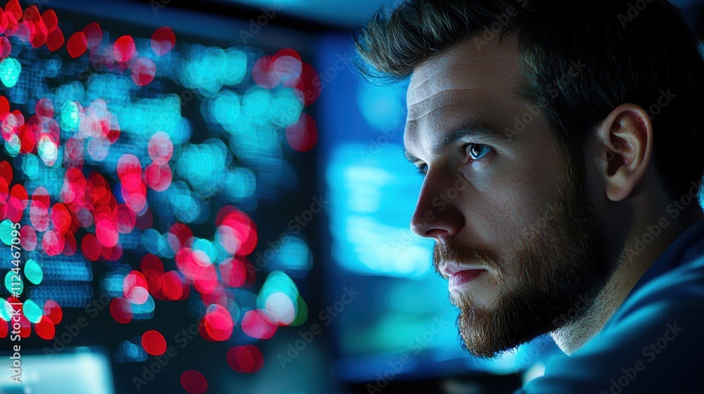 Poster focused man analyzing data on screen with colorful lights background