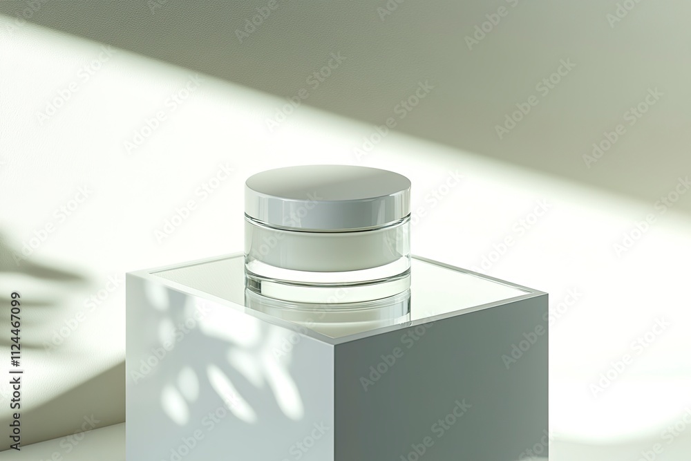Poster body cream blank white cosmetic mock up on transparent solid blocks with shadows and reflection. jar