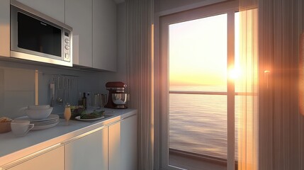 Fototapeta premium Modern Kitchen with Sunset View Over Calm Water