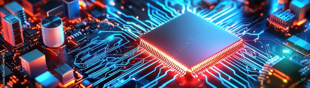 Aufkleber vibrant close-up of circuit board with colorful lights and microchip technology