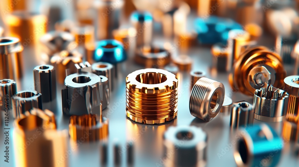 Poster close-up of diverse metallic components in dynamic arrangement
