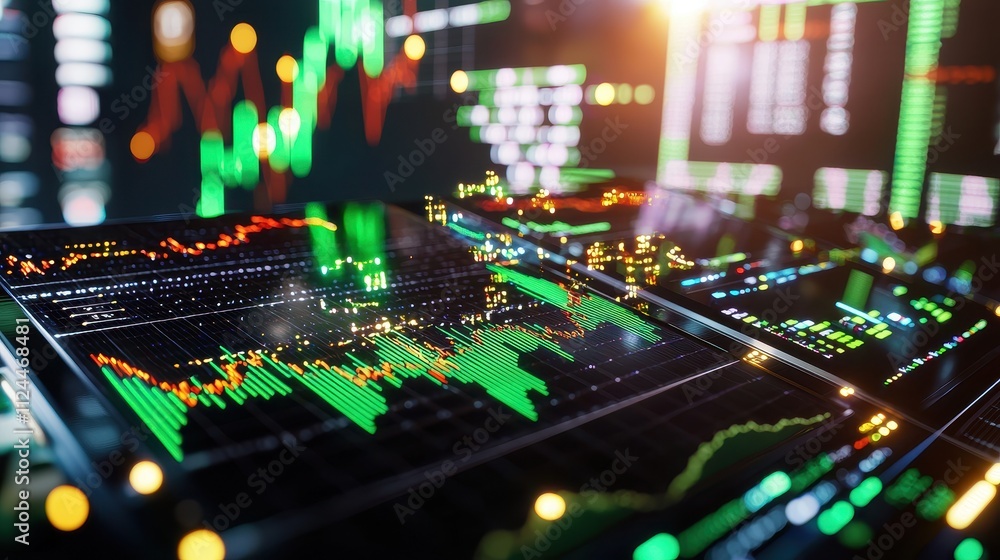 Poster digital financial data visualization with colorful stock market graphs