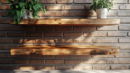 Two shelves with potted plants on them. The shelves are made of wood and are placed on a brick wall. The potted plants are on the top shelf and the lower shelf. The scene has a natural