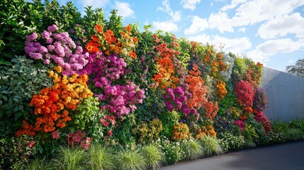 A colorful vertical garden filled with a variety of flowering plants. The bright blooms showcase multiple colors against a blue sky, emphasizing green living.
