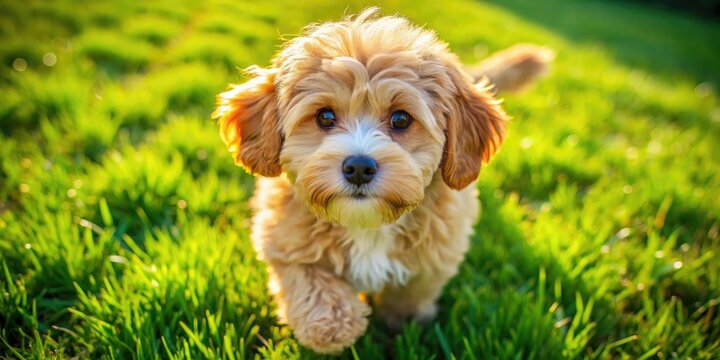 Adorable Cavapoo Puppy Drone Photo: Six-Month-Old Dog Walking Towards Camera - High-Resolution Image