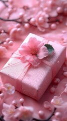 Beautifully wrapped pink gift adorned with flowers and pearls on a soft pink background showcasing a delicate spring theme