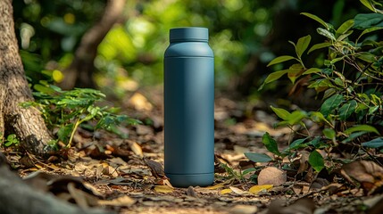 A blue reusable water bottle standing in a natural setting with lush greenery and fallen leaves surrounding it, emphasizing sustainability.